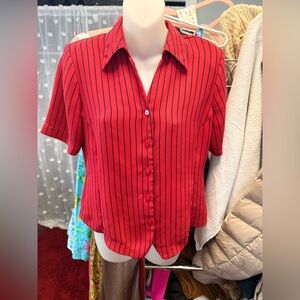Liz Baker Red Button-Down Short Sleeve Shirt with Black Pinstripes